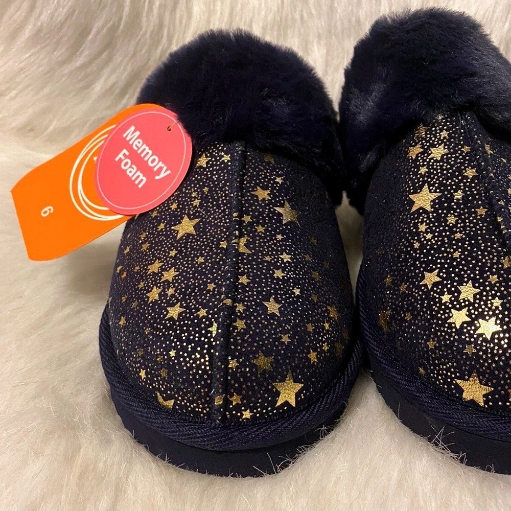 Wonder Nation Slippers Girls Size 6 Blue Stars Fuzzy Memory Foam Slip On Shoes